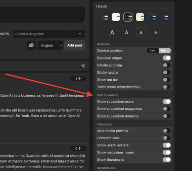 /kbin Sub Channel sidebar settings