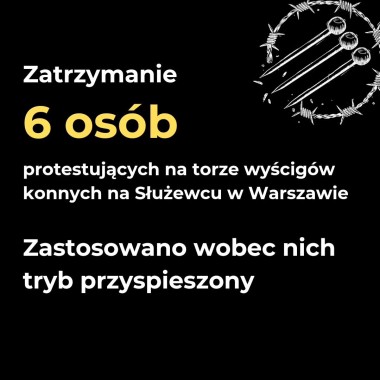 Grafika przedstawia czarne tło z logiem kolektywu Szpila (trzy szpilki przecinające drut kolczasty) oraz napis: Zatrzymanie 6 osób protestujących na torze wyścigów konnych na Służewcu w Warszawie. Zastosowano wobec nich tryb przyspieszony