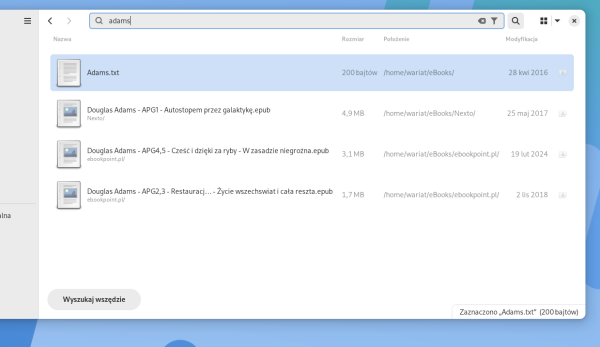 Przeglądarka plików systemu GNOME. Na obrazku pliki zawierające w nazwie słowo adams… czyli kolejne części trylogii w pięciu tomach, Autostopem przez Galaktykę. 