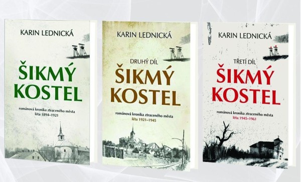 screenshot trzech tomów cyklu "Šikmý kostel", Karin Lednickiej, w oryginale, po czesku