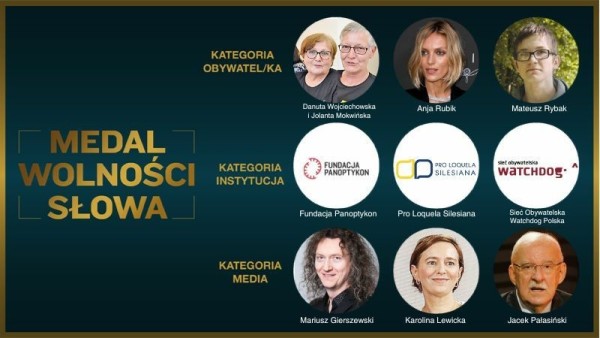 Plakat Medalu Wolności Słowa
Kategoria Obywatel/ka:
- Danuta Wojciechowska i Jolanta Mokwińska
- Anja Rubik
- Mateusz Rybak

Kategoria Instytucja:
- Fundacja Panoptykon
- Pro Loquela Silesiana
- Sieć Obywatelska Watchdog Polska

Kategoria Media:
- Mariusz Gierszewski
- Karolina Lewicka
- Jacek Pałasiński

Wizerunki i loga nominowanych