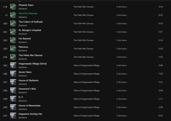 Playlista na Spotify z fragmentami albumów "The Path We Choose" oraz "Tales of Hogsmeade Village" zespołu Slytherin. Są tam takie utwory jak "Phoenix Tears", "The First Horcrux", "St. Mungo's Hospital", "Patronus", "Hogsmeade Village", "Dementor's Kiss" i inne nawiązujące do świata Harry'ego Pottera.