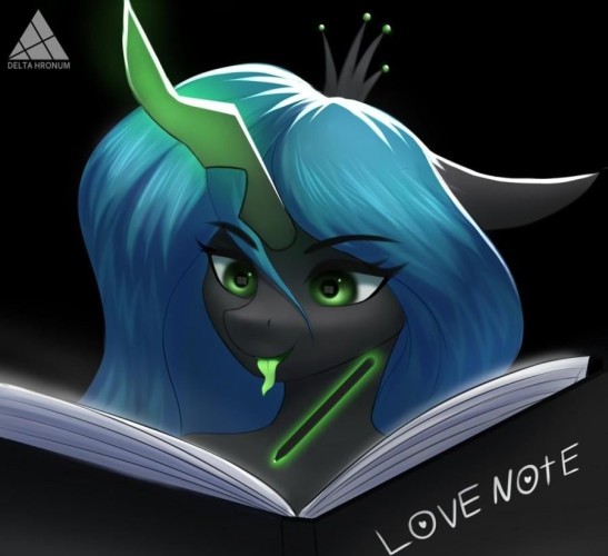 Drawn picture of Chrysalis from My Little Pony: Friendship is Magic writing in a book titled "Love Note", referencing the anime Death Note. The artist is Delta Hronum