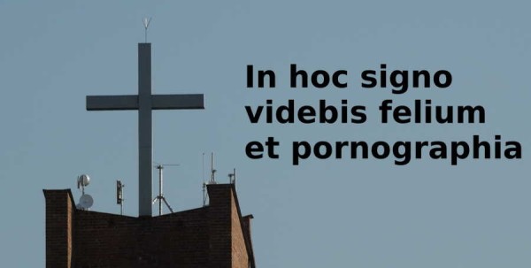 Zdjęcie szczytu kościelnej wieży, na niej krzyż i sporo różnych anten do transmisji internetu. Na zdjęciu tekst: "In hoc signo videbis felium et pornographia"