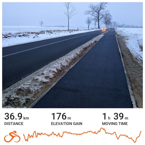 Karta aktywności z serwisu Ride with GPS. Większość zajmuje zdjęcie drogi dla rowerów biegnącej wzdłuż asfaltowej drogi wśród pól.
Poniżej podsumowanie: dystans - 36,9 kilometrów, przewyższenia - 176 metrów, czas - 1 godzina 39 minut.