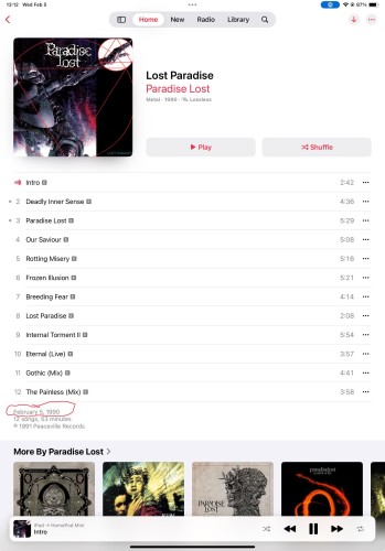 The image displays a music player interface showcasing the album "Lost Paradise" by the band Paradise Lost. It includes the album cover, a list of tracks with their durations, and details indicating it is a metal album released on February 5, 1990.

Obraz przedstawia interfejs odtwarzacza muzyki prezentujący album "Lost Paradise" zespołu Paradise Lost. Zawiera okładkę albumu, listę utworów z ich czasem trwania oraz szczegóły wskazujące, że jest to metalowy album wydany 5 lutego 1990 roku.