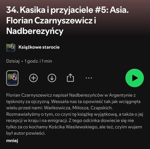 Zrzut ekranu z aplikacji Spotify, tytuł podkastu, opis, przycisk play