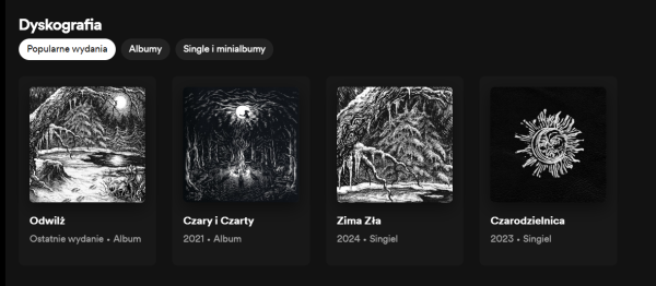 Dyskografia zespołu Wicher na Spotify: Odwilż, Czary i Czarty, Zima zła, Czarodzielnica.