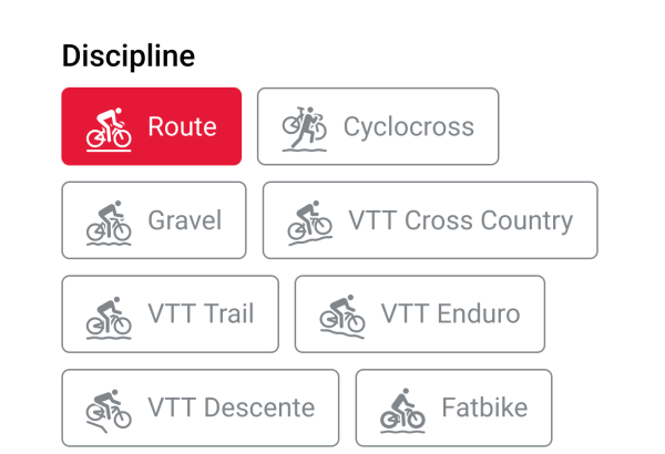 Lista dyscyplin (w języku francuskim): szosa, cyclocross, gravel, MTB, fatbike