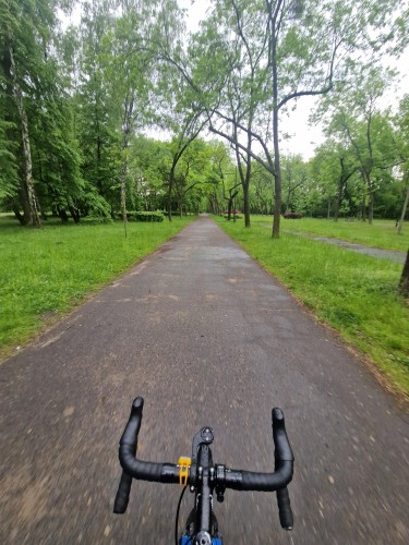 Droga przez zielony park. Na dole widoczne kierownica roweru.
