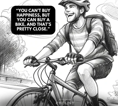 Rysunek uśmiechniętego rowerzysty w kasku i z plecakiem. Obok napis „YOU CAN'T BUY HAPPINESS, BUT YOU CAN BUY A BIKE, AND THAT'S PRETTY CLOSE.”