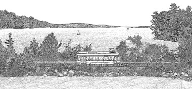 the image is a line art photobash of a railbus on a rail causeway through a lake