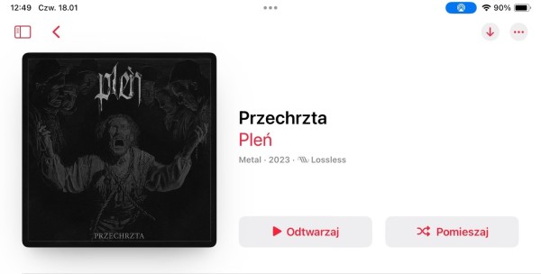 A screenshot displaying a music player interface with an album cover for a metal band, titled "Przechrzta Pleń" (2023), featuring a monochromatic illustration of a person with an anguished expression surrounded by shadowy figures