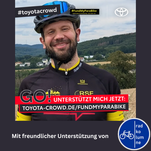 Plakat für die Crowdfunding Aktion #FundMyParabike: Portrait von mir im Radtrikot und Helm, im Hintergrund das St. Wendeler Land