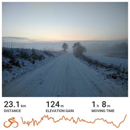 Karta aktywności z serwisu Ride with GPS. Na zdjęciu jest zaśnieżona polna droga znikająca we mgle. Pod nią podsumowanie: dystans 32.1 km, przewyższenia 124 m, czas w ruchu 1 g 8 m.