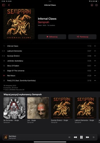Okładka albumu i lista utworów do “Infernal Claws” autorstwa Semprah. Zawiera osiem utworów i dodatkowe powiązane wydawnictwa na dole.