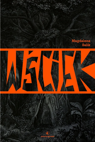 Okładka "Wścieka": ciemna, czarno-biała ilustracja przedstawiająca szałas w lesie, przedzielona poziomym pomarańczowym paskiem (gdzieś tak na 1/3 okładki) z tytułem, wypisanym "połamanymi" literami kojarzącymi się z krzykiem/wściekłością.