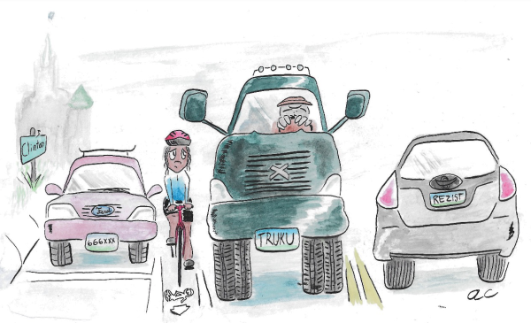 Cartoon: Cyclist sandwiched between a sedan and a large pickup truck or SUV. Cyclist in extremely narrow bike lane is making concerned side eye at large vehicle.