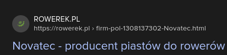 Zrzut ekranu z wyszukiwarki, z adresem strony i tytułem "Novatec - producent piastów do rowerów"