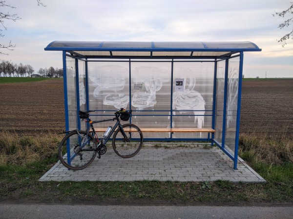 Ciemnoniebieski rower szutrowy stoi oparty o wiatę przystanku autobusowego, za którą widać pola.