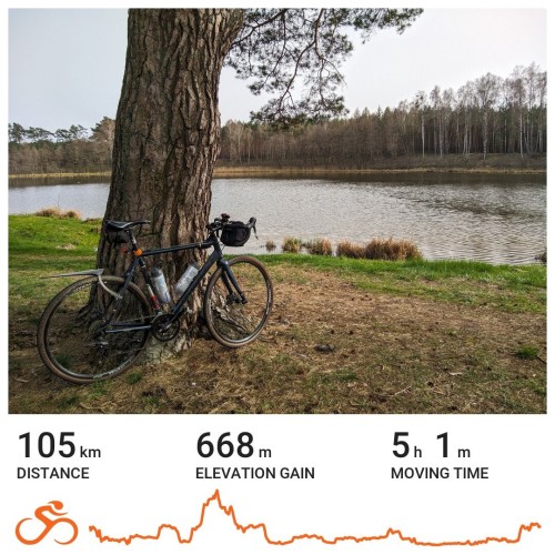 Karta aktywności z serwisu Ride with GPS. Na zdjęciu rower oparty o spory pień sosny stojącej nad niedużym jeziorem otoczonym drzewami. Pod zdjęciem statystyki: dystans 105 km, przewyższenia 668 m, 5 godzin 1 minuta w ruchu.