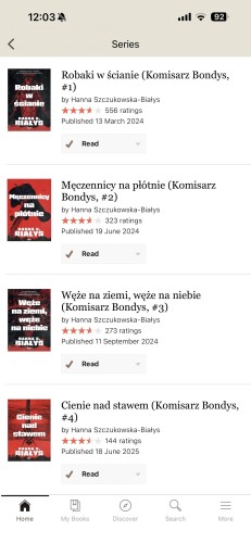 Cyfrowy interfejs książkowy wyświetlający cztery powieści kryminalne Hanny Szczukowskiej-Białys, część serii „Komisarz Bondys”. Każdy wpis zawiera tytuł, autora, ocenę, datę publikacji i opcję „Przeczytaj”.