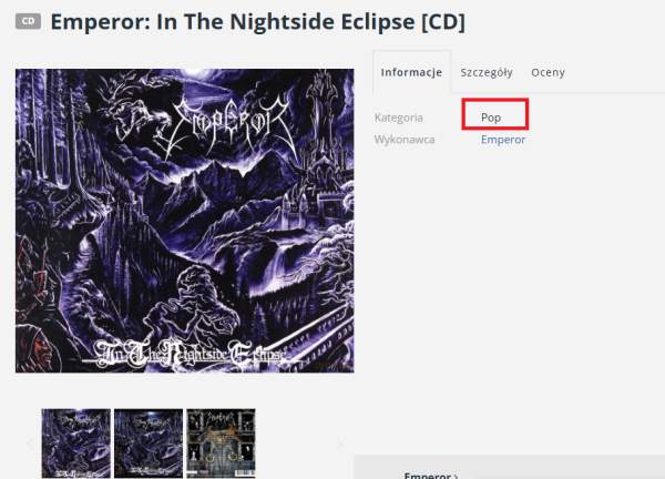 Screen ze sklepu internetowego, gdzie dostępna jest płyta zespołu Emperor o nazwie "In the Nightside Eclipse". Zaznaczono kategorię, która została określona jako "pop".