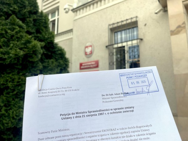 Na zdjęciu wydruk petycji do Ministra Sprawiedliwości dr Adama Bodnara o zmianę Ustawy o ochronie zwierząt na tle budynku ministerstwa. Na dokumencie jest potwierdzenie złożenia petycji w Ministerstwie Sprawiedliwości.