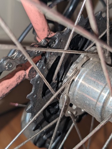 Broken spoke on the drive side of a bike's rear wheel