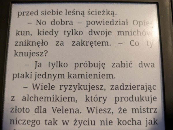 Fragment książki, gdzie jedną z wypowiedzi dialogowych jest "ja tylko próbuję zabić dwa ptaki jednym kamieniem"