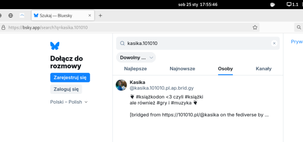 strona wyszukiwania w sieci bluesky i wyniki poszukiwania kasika.101010 w kategorii osoby, jest jeden wynik i jest właściwy