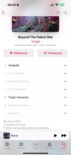 Zrzut ekranu aplikacji do strumieniowego przesyłania muzyki wyświetlający album "Beyond The Palest Star" zespołu Vorga, wymieniony w gatunkach Death Metal / Black Metal, wydany w 2024 roku. Lista utworów zawiera siedem utworów, w tym "Voideath"