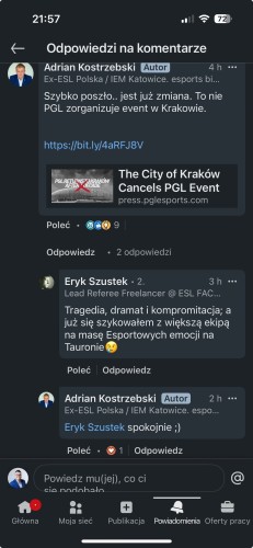 Obraz przedstawia post w mediach społecznościowych z komentarzami na temat odwołania wydarzenia PGL w Krakowie w Polsce. Zawiera odpowiedzi od użytkowników omawiających ich rozczarowanie i reakcje na sytuację. Post zawiera również link do artykułu dotyczącego odwołania wydarzenia