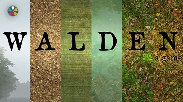The word Walden is spelled out in large black capitalized letters with a different naturescape behind each letter, left to right: foggy sky and tree line, dirt trail path, olive green ground, green pond with trees reflected, bushes and dirt, trail with autumn leaves. The Journeys in Film logo is in the top left corner.