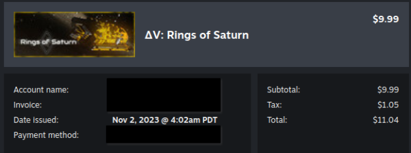 Steam receipt screenshot for Rings of Saturn.